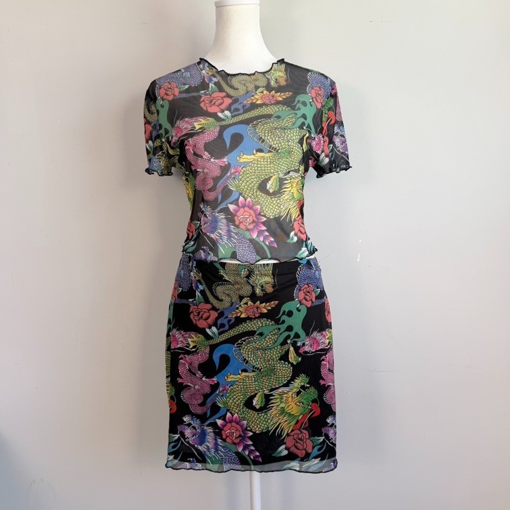 Y2K Asian Dragon Sheer Mesh Top and Mini Skirt Medium 2 Piece Set Indie Fairy